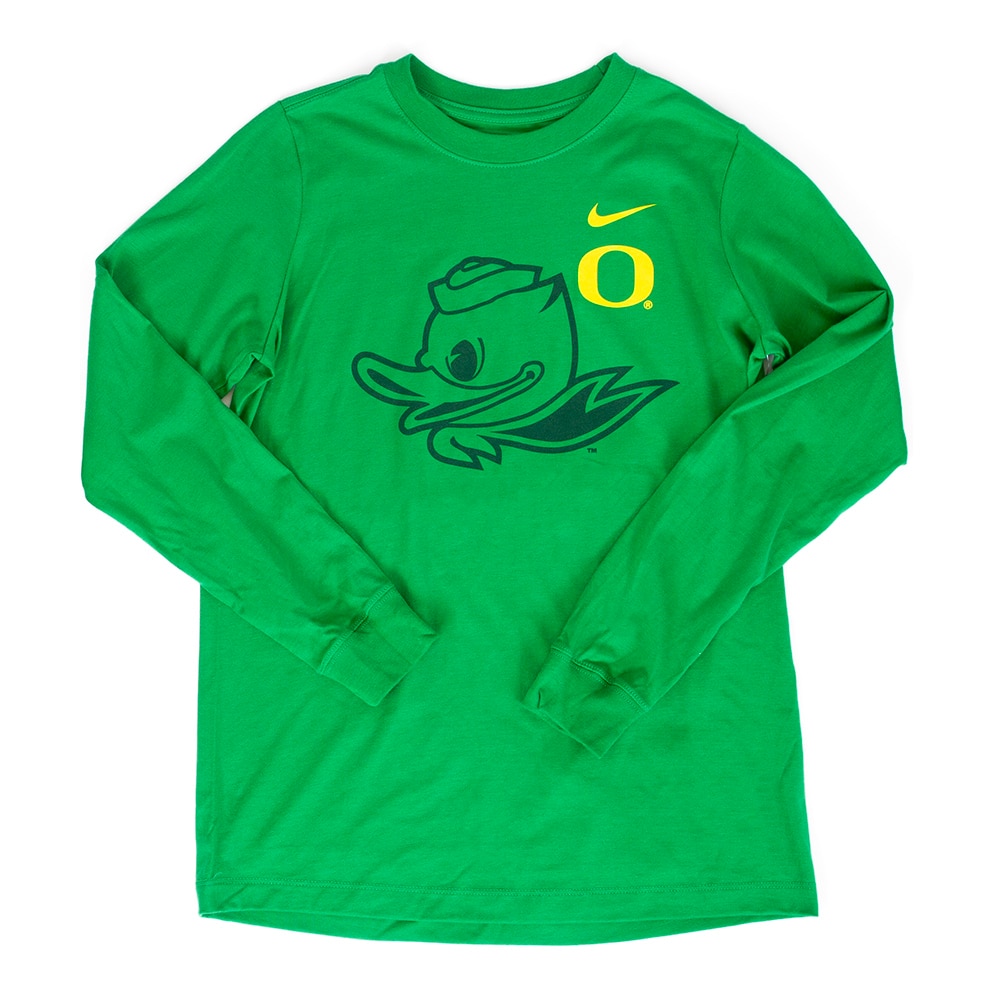 Classic Oregon O, Nike, Green, Crew Neck, Cotton, Kids, Youth, Shadow, Long Sleeve, T-Shirt, 955878